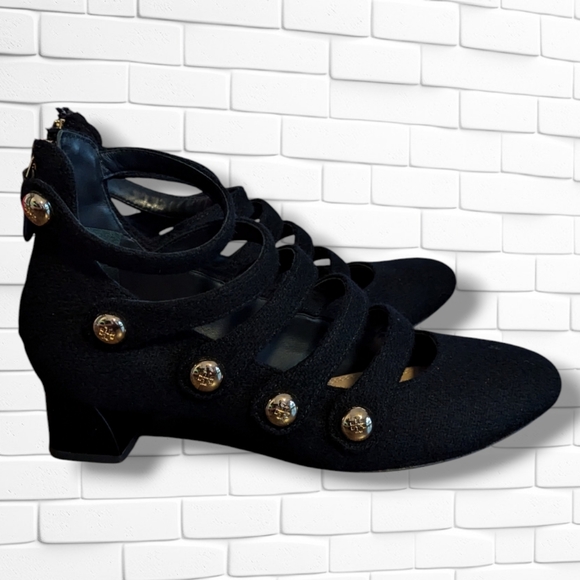 Tory Burch Marisa 40 mm Strappy Pumps Military Gold Buttons Royal Navy Size 8 - Picture 4 of 10